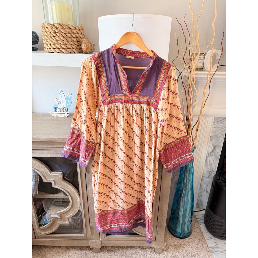 Matta Tunic Dress Womens Orange Purple Floral Block Print Small